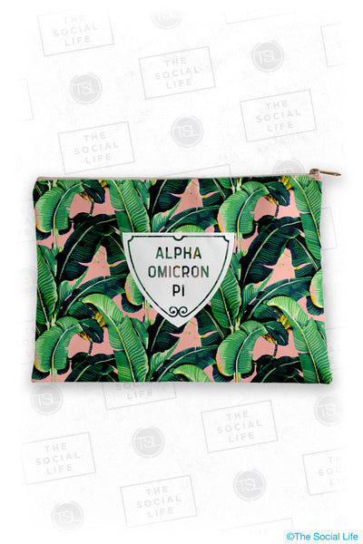 Alpha Omicron Pi Tropical Leaf Cosmetic Bag